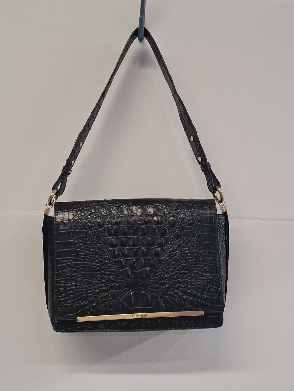 Womens Brahmin ABlack Croc-Embossed Shoulder Bag with Gold Accent